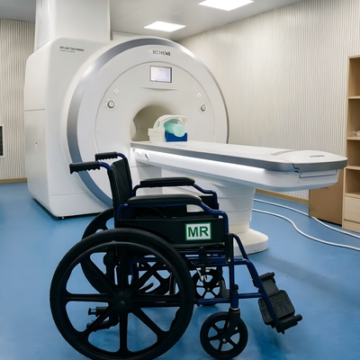 MRI-veilige niet-magnetische transport rolstoel met 3 Tesla veilig opvouwbaar frame en lichtgewicht aluminium